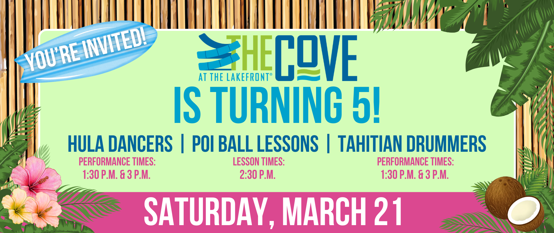 The Cove is turning 5 luau graphic with event schedule and Hawaiian theme stickers