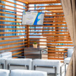 An inside shot of a cabana showing a TV in the upper corner.