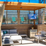 An inside shot of a cabana showing a TV in the upper corner.